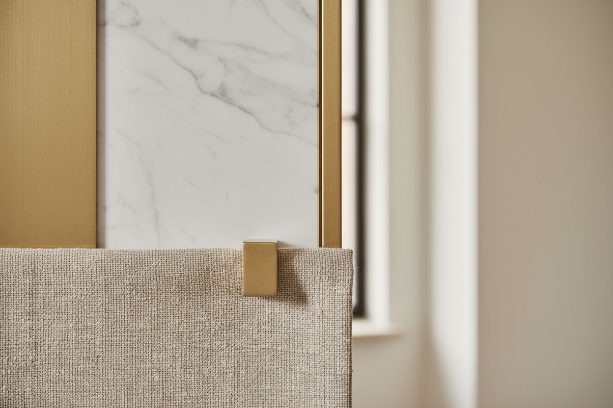 “Close-up of premium home materials — fine textures like linen, marble, and brass details, soft neutral lighting, minimalist composition, elegant high-end photography, contemporary luxury aesthetic.”